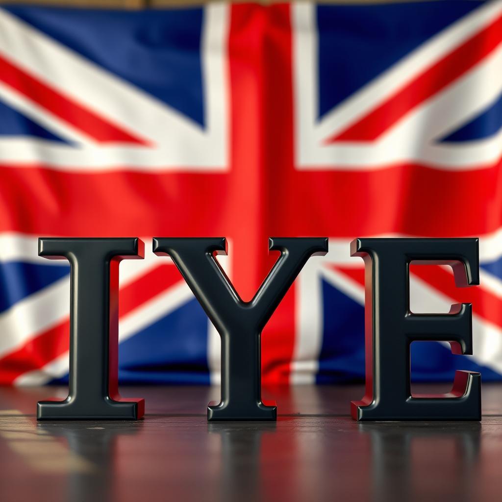 Three large 3D letters 'IYE' in Archivo Black font, set against the backdrop of the British flag