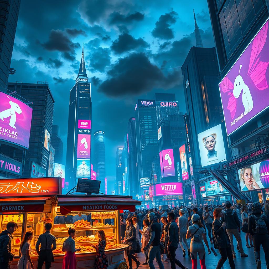 A futuristic cyberpunk cityscape at night, filled with neon lights and towering skyscrapers, bustling streets filled with vibrant characters in stylish outfits, both humans and robots interacting with holographic advertisements, reflecting a lively urban atmosphere
