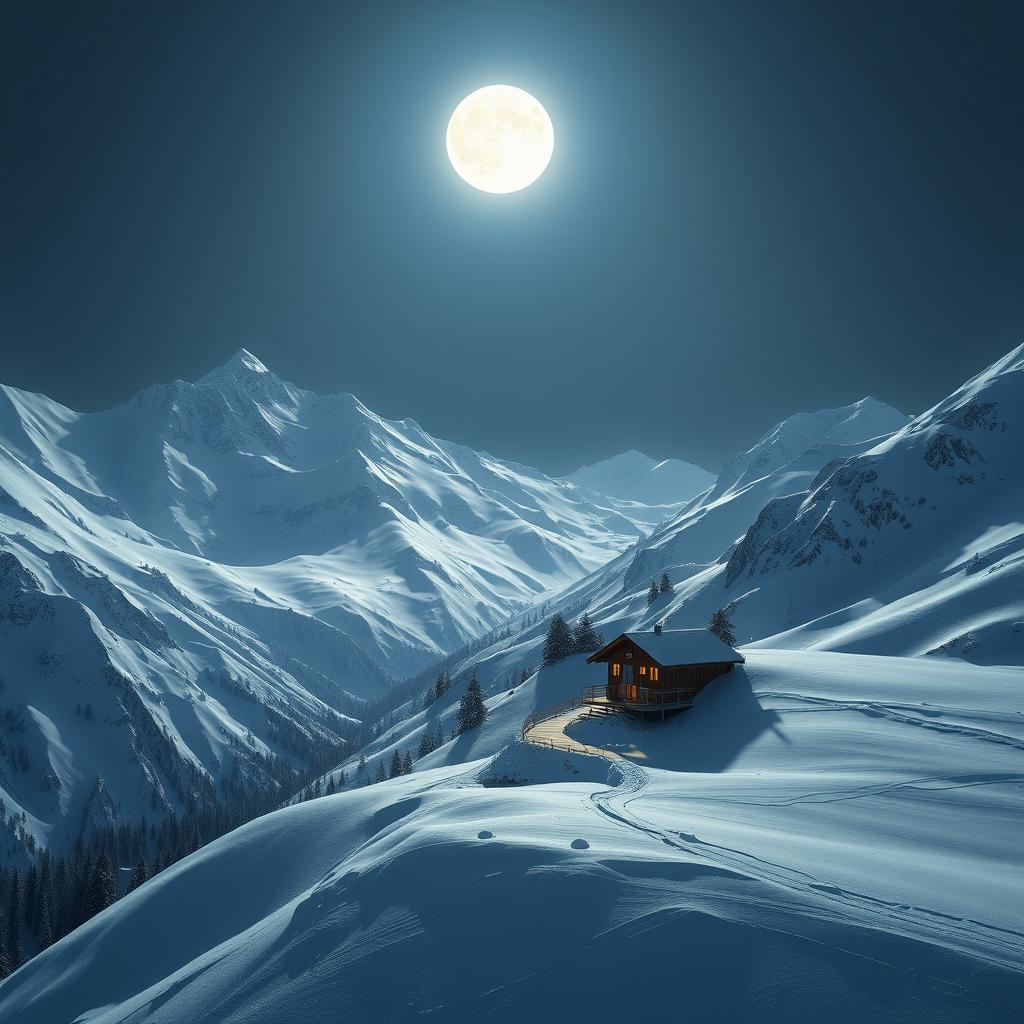 A hyper-realistic 3D render of a snowy high mountain landscape at night, illuminated by a bright full moon