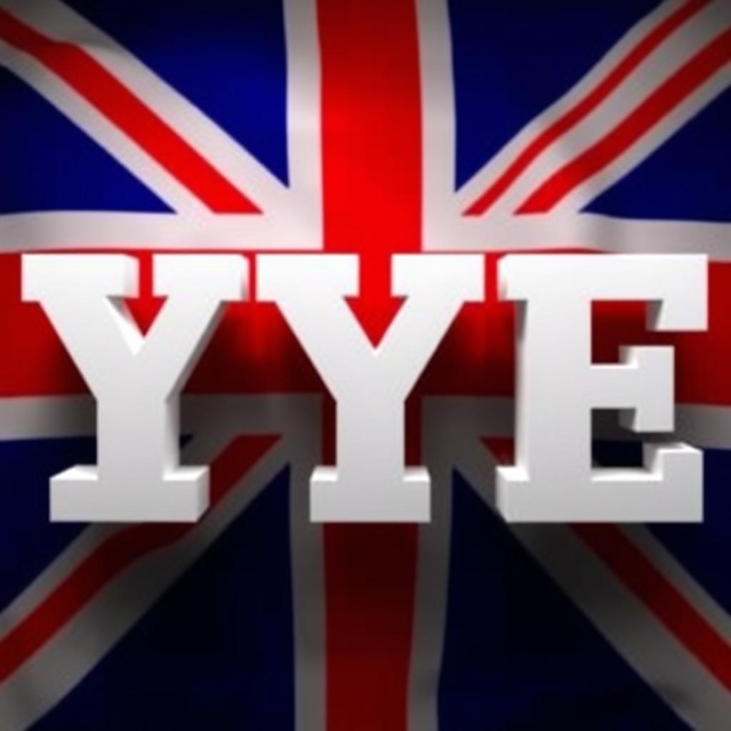 Three large white letters IYE in Archivo Black font, prominently displayed with a British flag in the background, showcasing the flag's colors and design in a vibrant yet balanced manner, emphasizing the boldness of the letters against the iconic imagery of the British flag