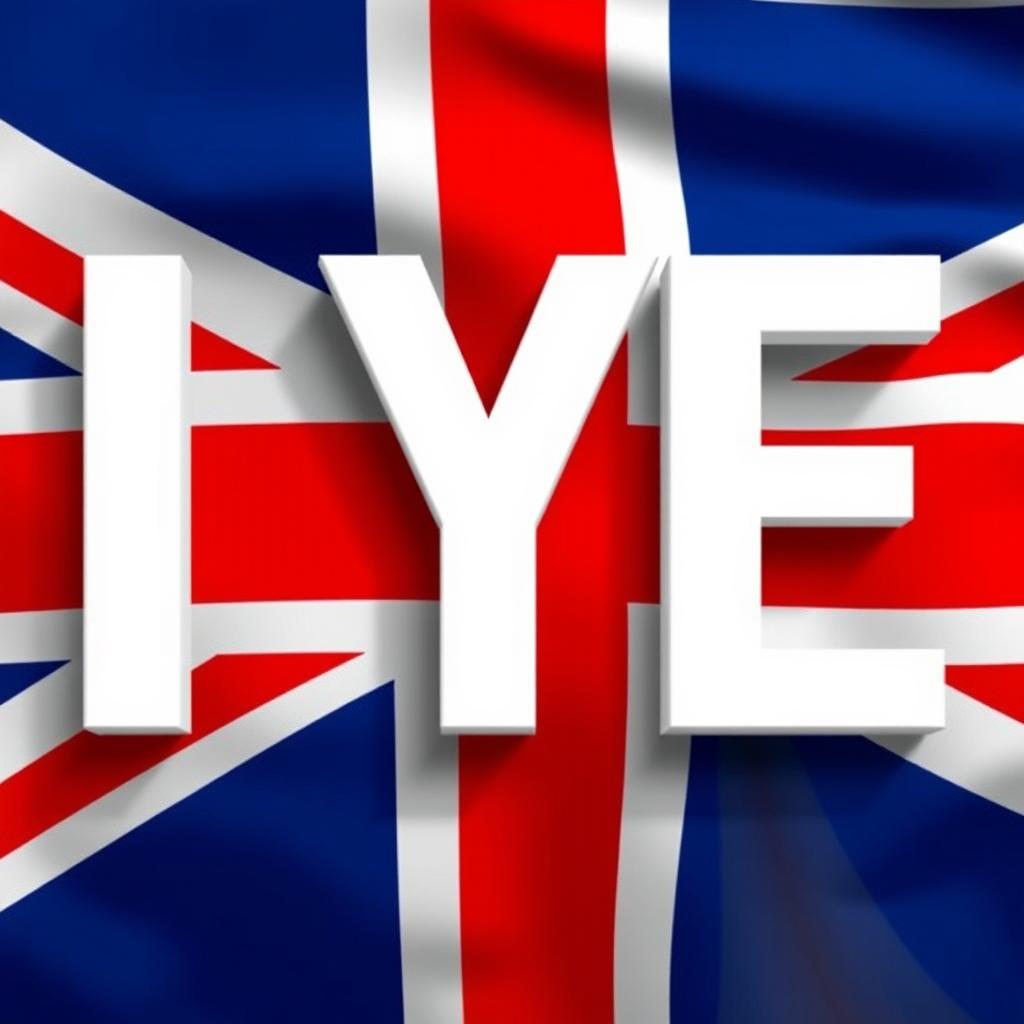 Three large white letters 'IYE' in Archivo Black font, prominently displayed against a background featuring the Union Jack flag of the United Kingdom