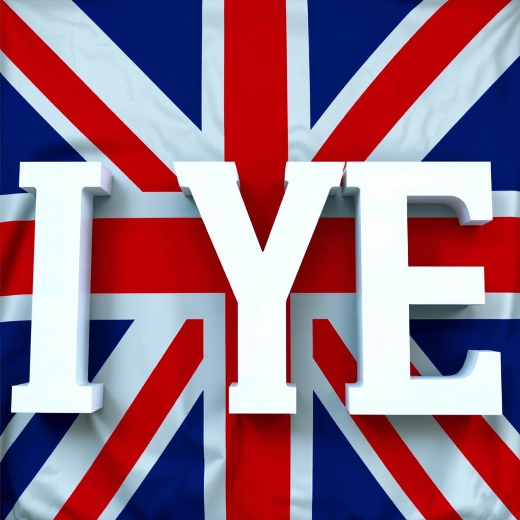 Three large white letters 'IYE' in Archivo Black font, prominently displayed against a backdrop of the British flag
