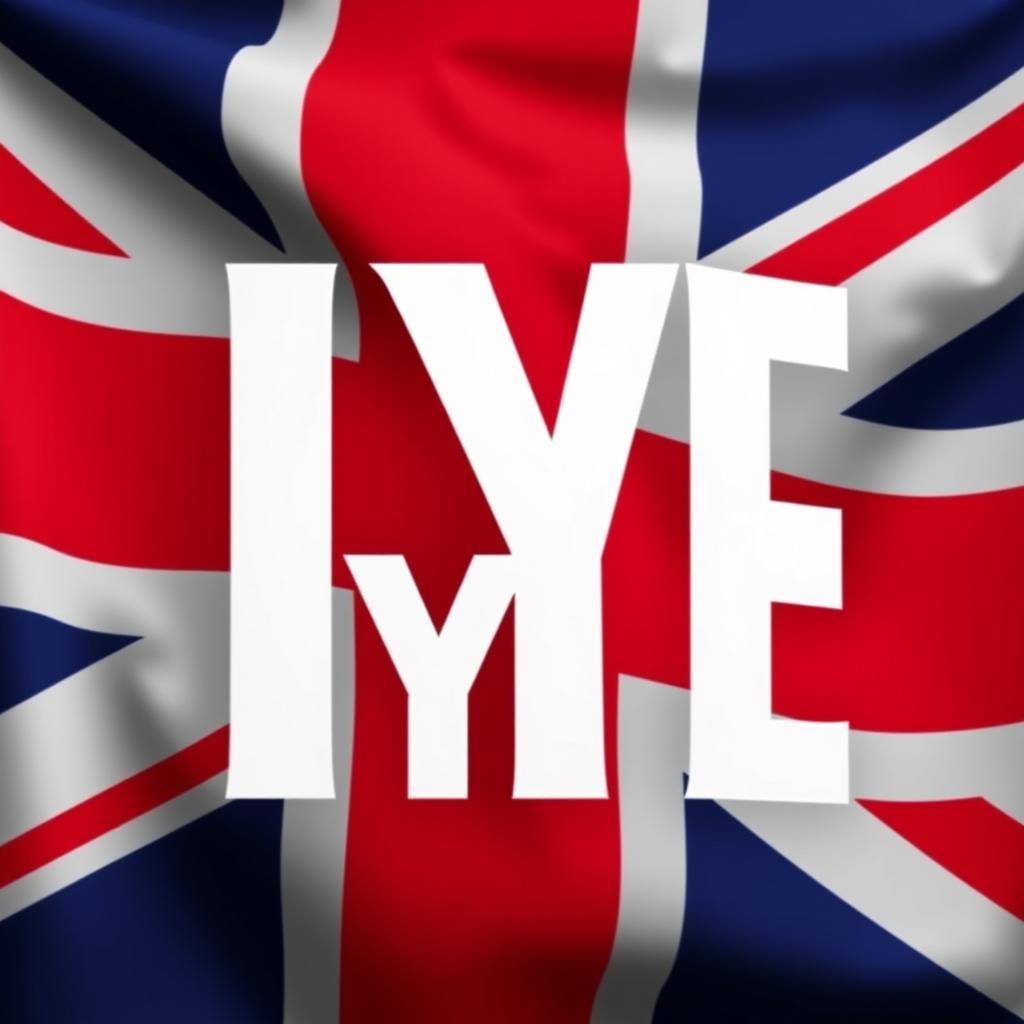 Three large white letters 'IYE' in Archivo Black font, prominently displayed in the center, with a British flag in the background, creating a bold and patriotic visual effect