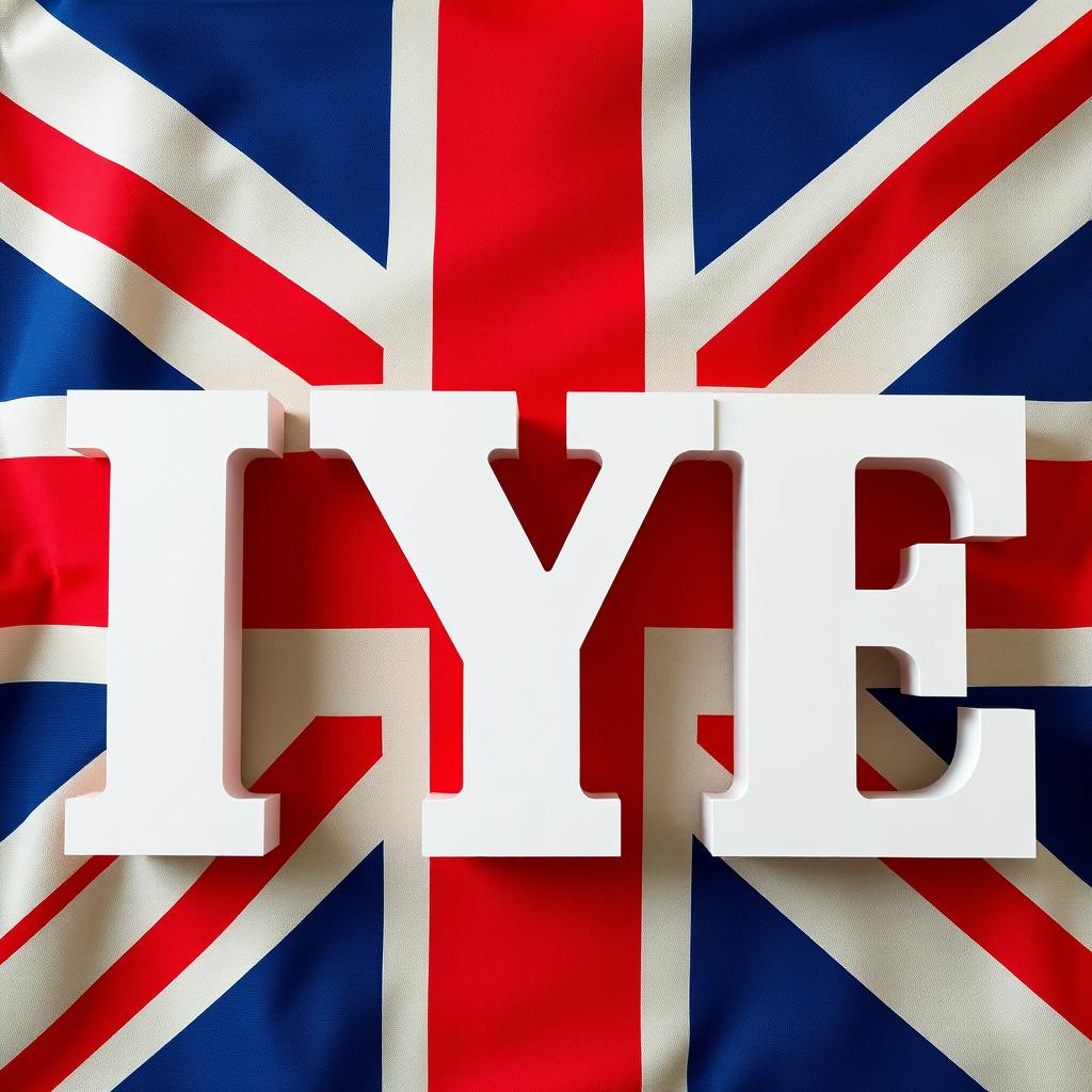 Three large white letters 'IYE' in Archivo Black font, prominently displayed against the backdrop of the British flag
