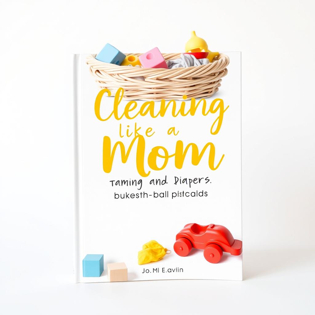 A minimalist book cover design for a parenting guide titled "Cleaning Like a Mom: Taming Toys and Diapers"