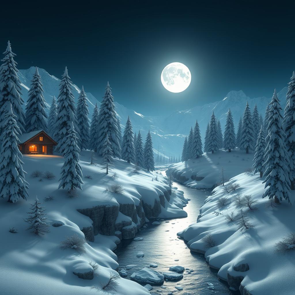 A hyper-realistic 3D landscape of a snowy high mountain scene at night, featuring a bright full moon illuminating the scene