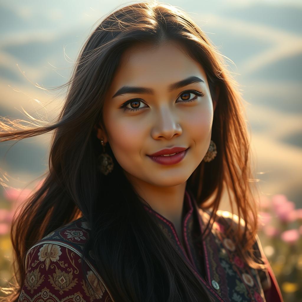 A stunning portrait of a woman named Summaya Ra, featuring long flowing black hair that shimmers in the light