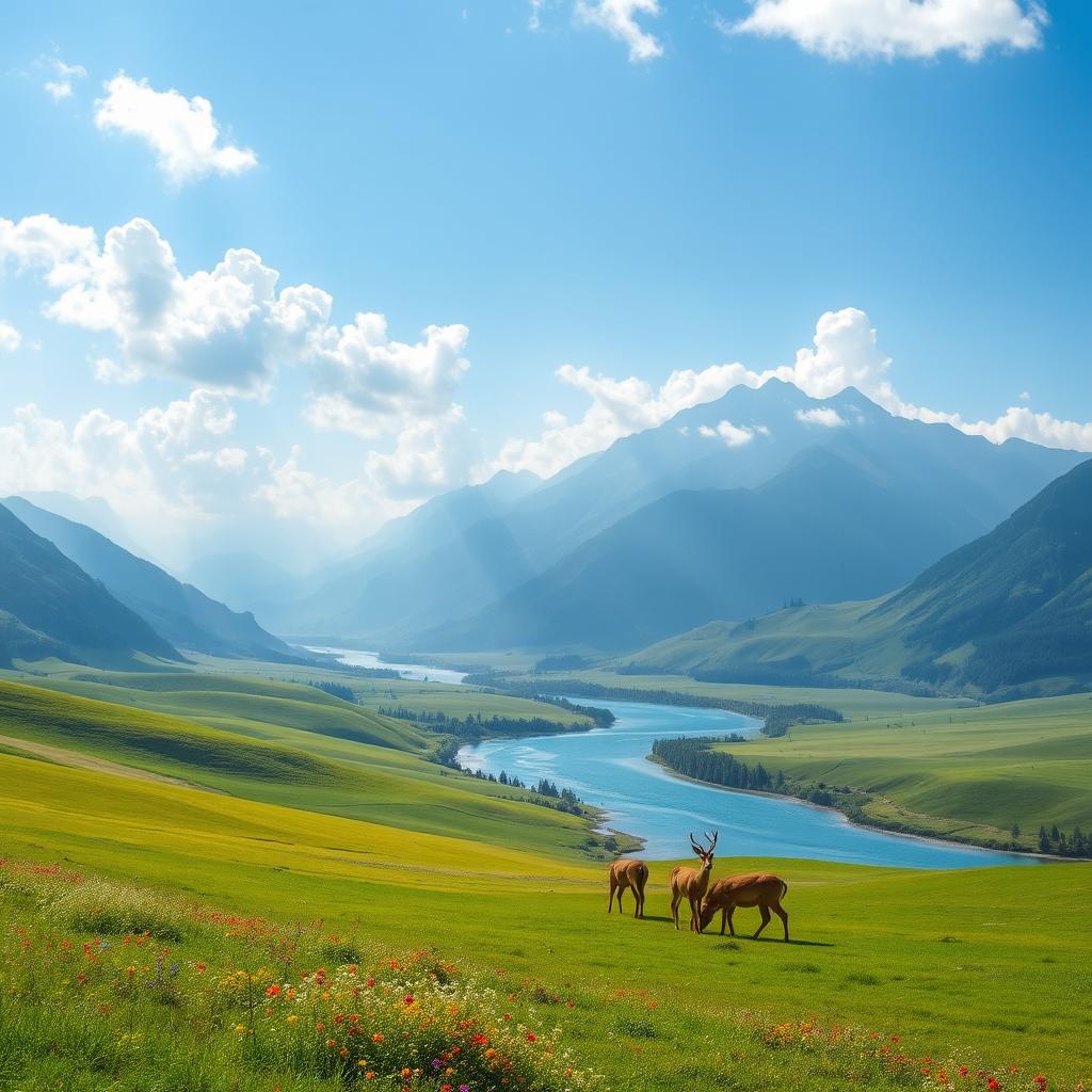 A serene and tranquil landscape featuring a vast, sunlit valley with rolling green hills and colorful wildflowers