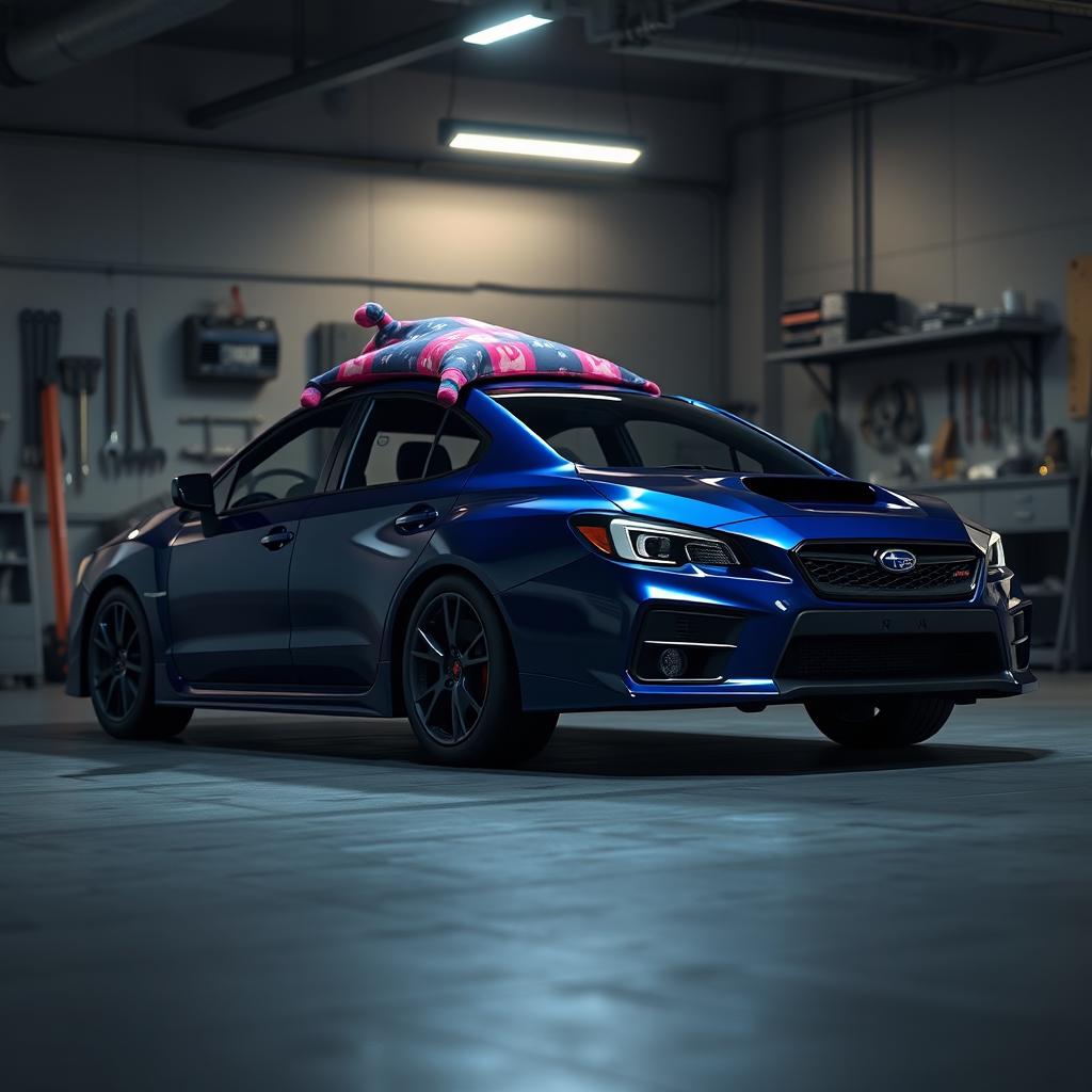A hyper-realistic 3D rendering of a 2025 navy blue Subaru WRX S4 STI resting in a garage at night, with a colorful pajama cap playfully placed on its roof