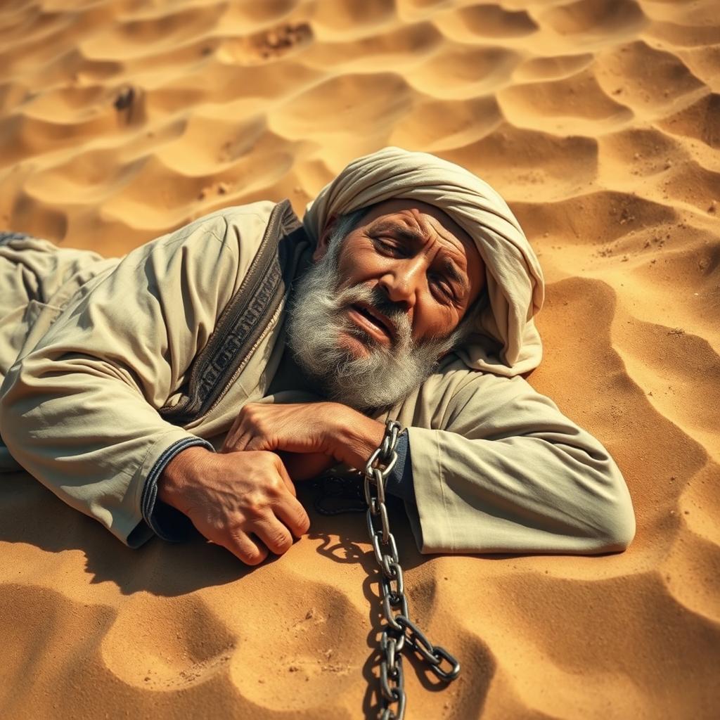 An elderly Arab man in 7th century traditional attire, lying weak and tortured on the hot desert sand