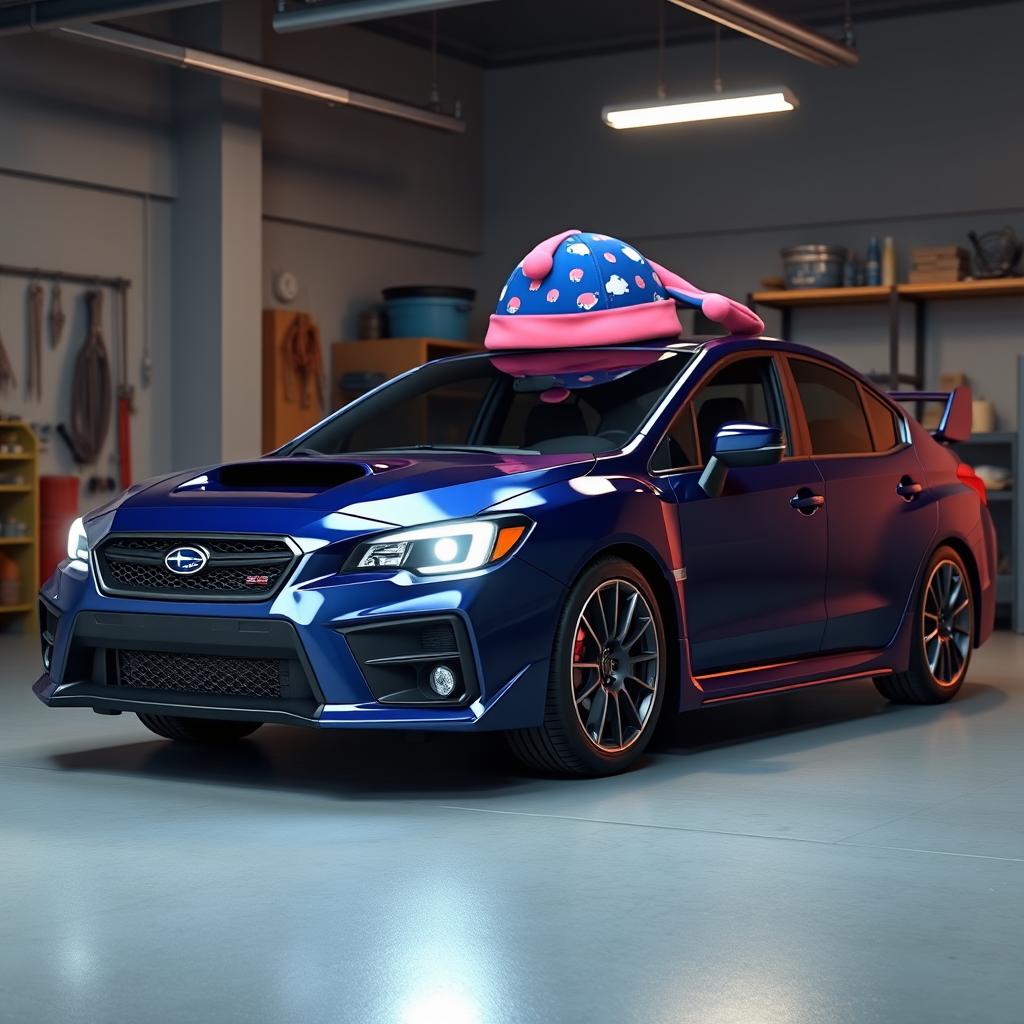 A hyper-realistic 3D rendering of a 2025 navy blue Subaru WRX S4 STI comfortably parked in a garage at night, with a colorful pajama cap playfully resting on its roof