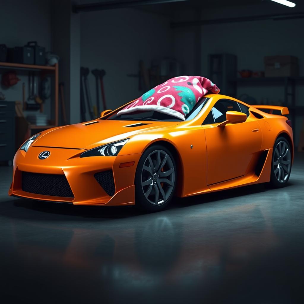 A hyper-realistic 3D rendering of an orange Lexus LFA sleeping in a garage at night, adorned with a colorful pajama cap placed amusingly on its roof