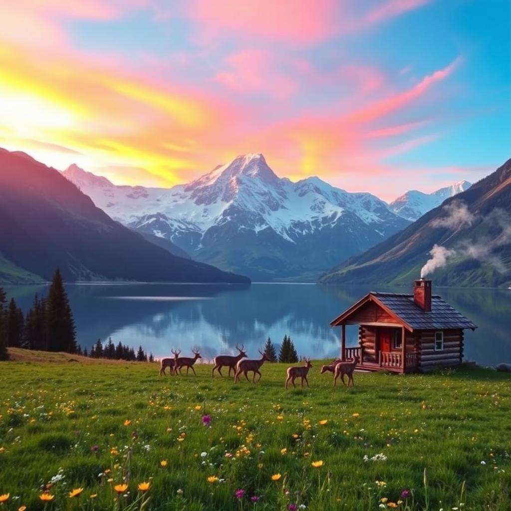 A serene mountain landscape at sunrise with vibrant hues of pink, orange, and gold illuminating the snow-capped peaks