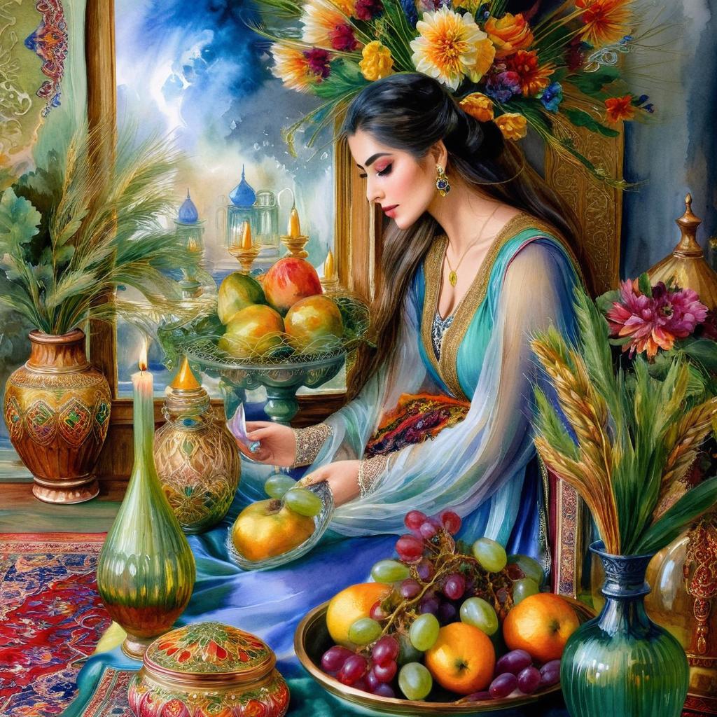 Mystical and spiritual watercolor painting of a beautiful Iranian woman sitting indoors, next to a table with fruit and grape dishes, traditional vases and colorful flowers, Eid greenery, traditional mirror, beautiful candles, small sweets in beautiful dishes, Iranian Nowruz table, Iranian silk carpet, green wheat ears in a traditional jar