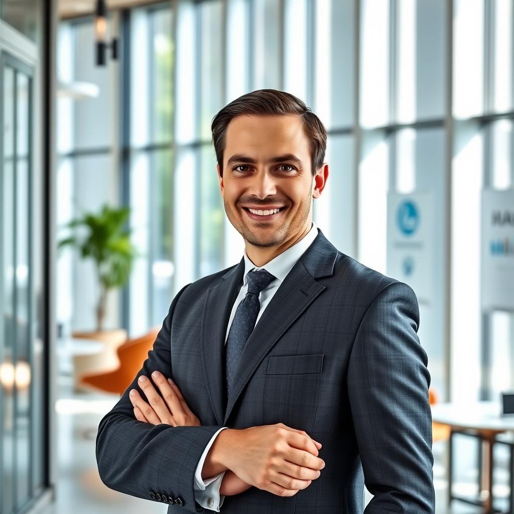 An edited professional photo featuring a confident businessperson in a modern office environment