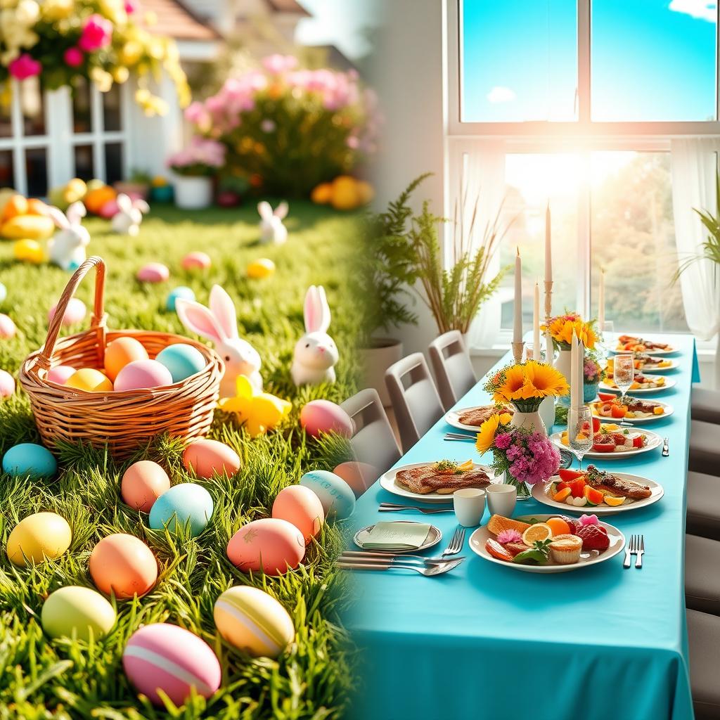 A vibrant and festive Easter party scene featuring two images blended together into one