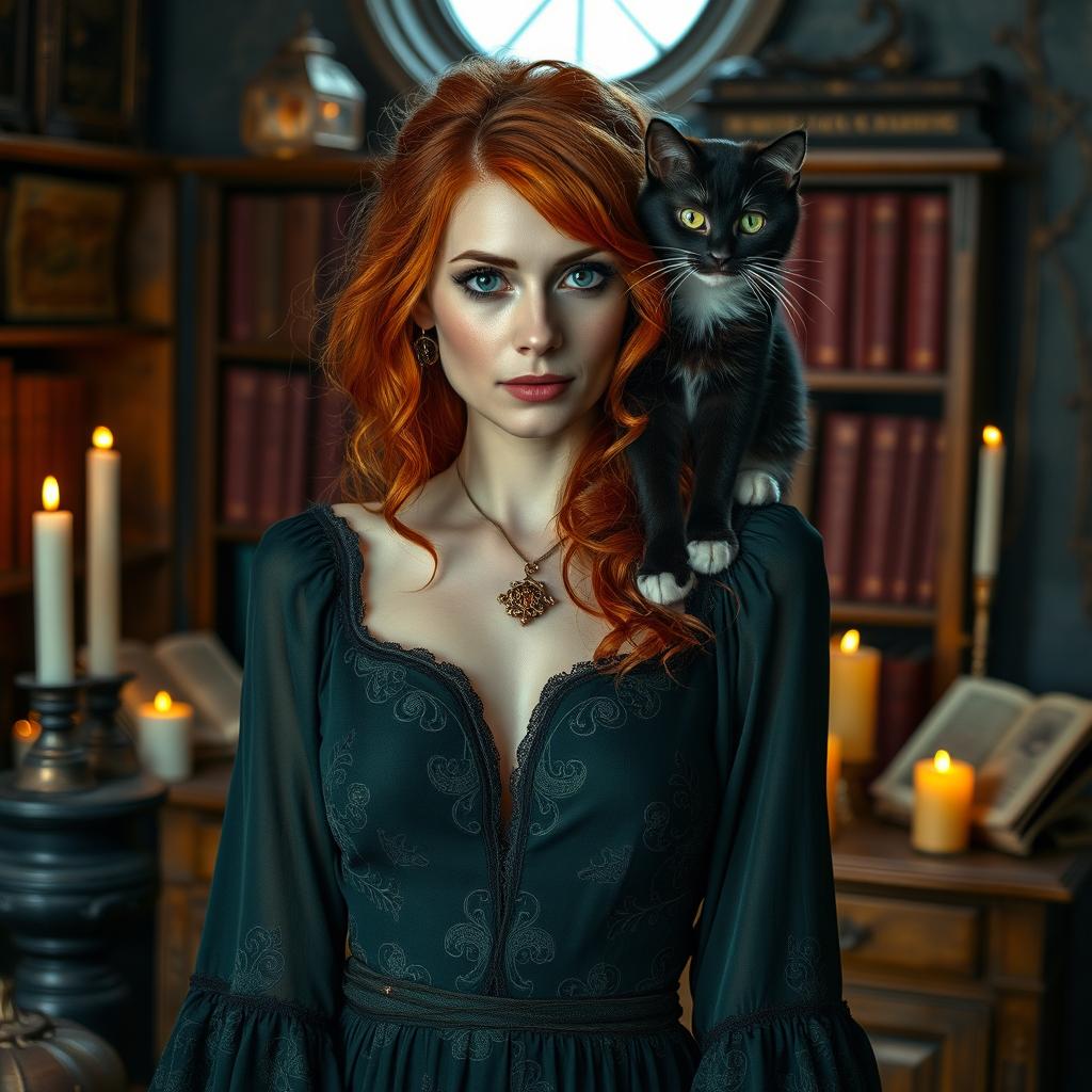 A striking redhead woman with vibrant green eyes, dressed in a flowing dark green dress adorned with mystical patterns