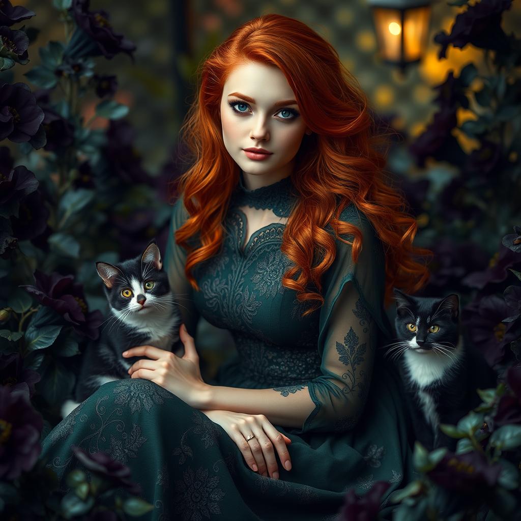 A stunning redhead woman with vibrant green eyes, elegantly dressed in a dark green dress adorned with intricate patterns