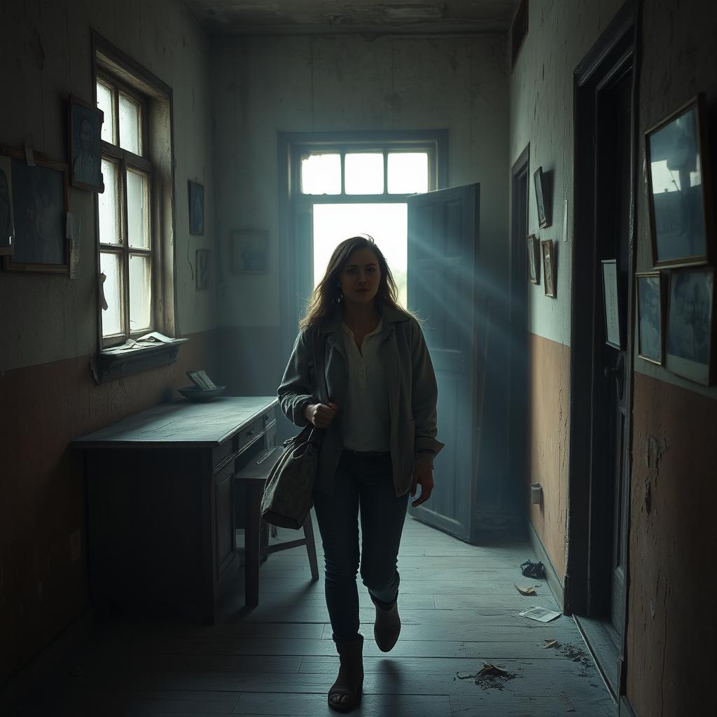 In an old, dilapidated building where every sound echoes and the air is thick with humidity, a woman named Carla enters her home