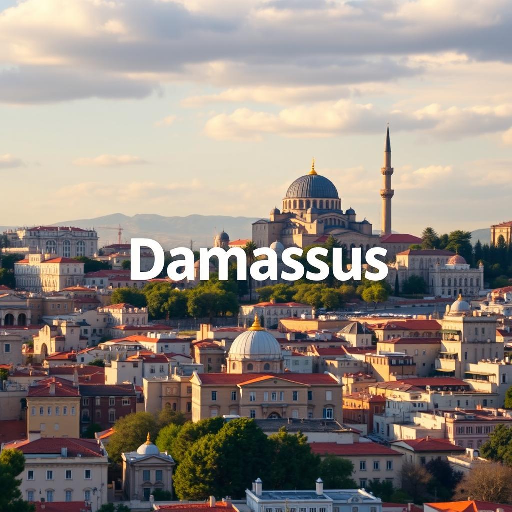 A beautifully designed logo featuring bright and vibrant colors, placed prominently against a stunning cityscape of Damascus, showcasing its iconic architecture like the Umayyad Mosque and historic buildings