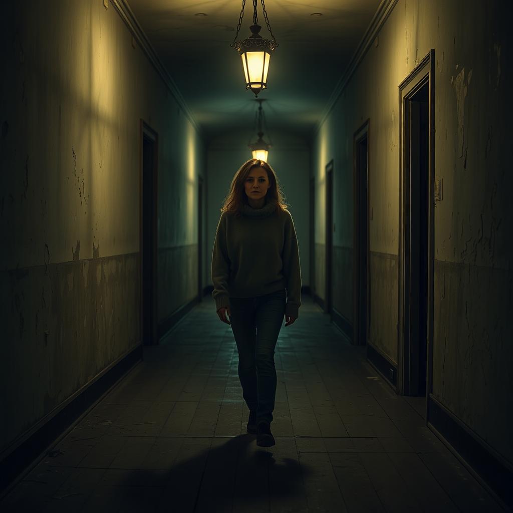 In a large, dimly lit old building filled with echoes and dampness, a woman named Carla walks down the corridor
