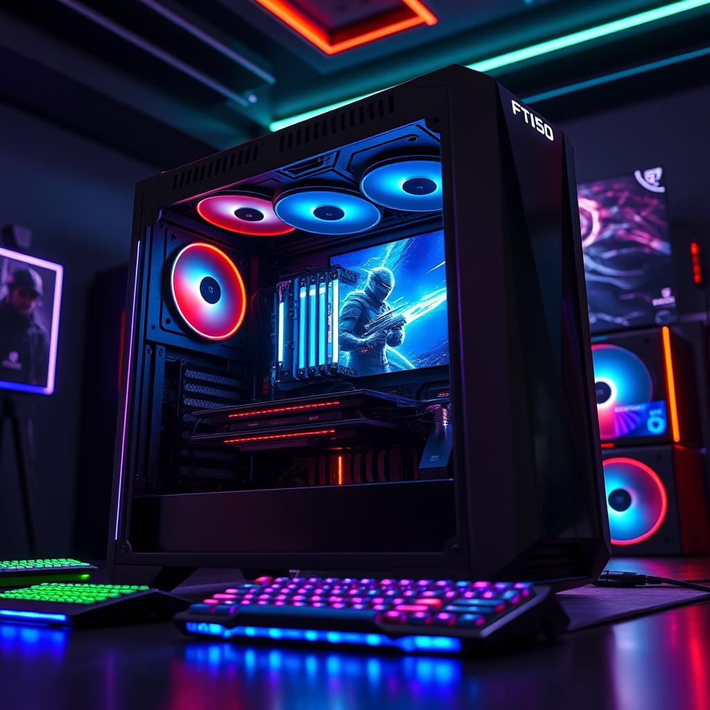 A powerful, futuristic looking full-tower computer case labeled 'FT150', showcasing an open design with RGB lighting, sleek metal finish, and cooling fans