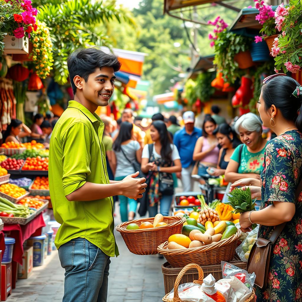 A lively street scene depicting a vibrant market filled with colorful stalls and excited customers
