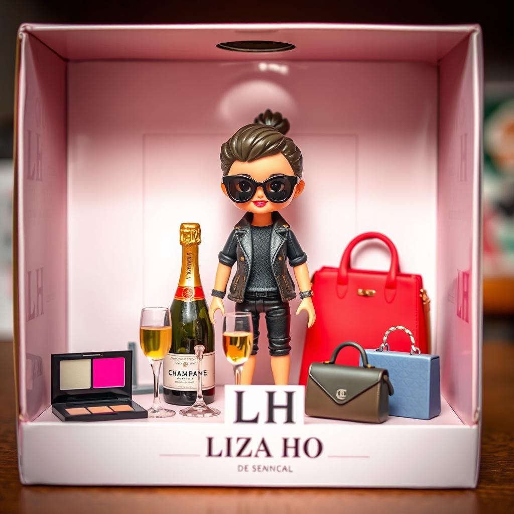 A realistic scene featuring a cute action figure of a stylish individual wearing sunglasses