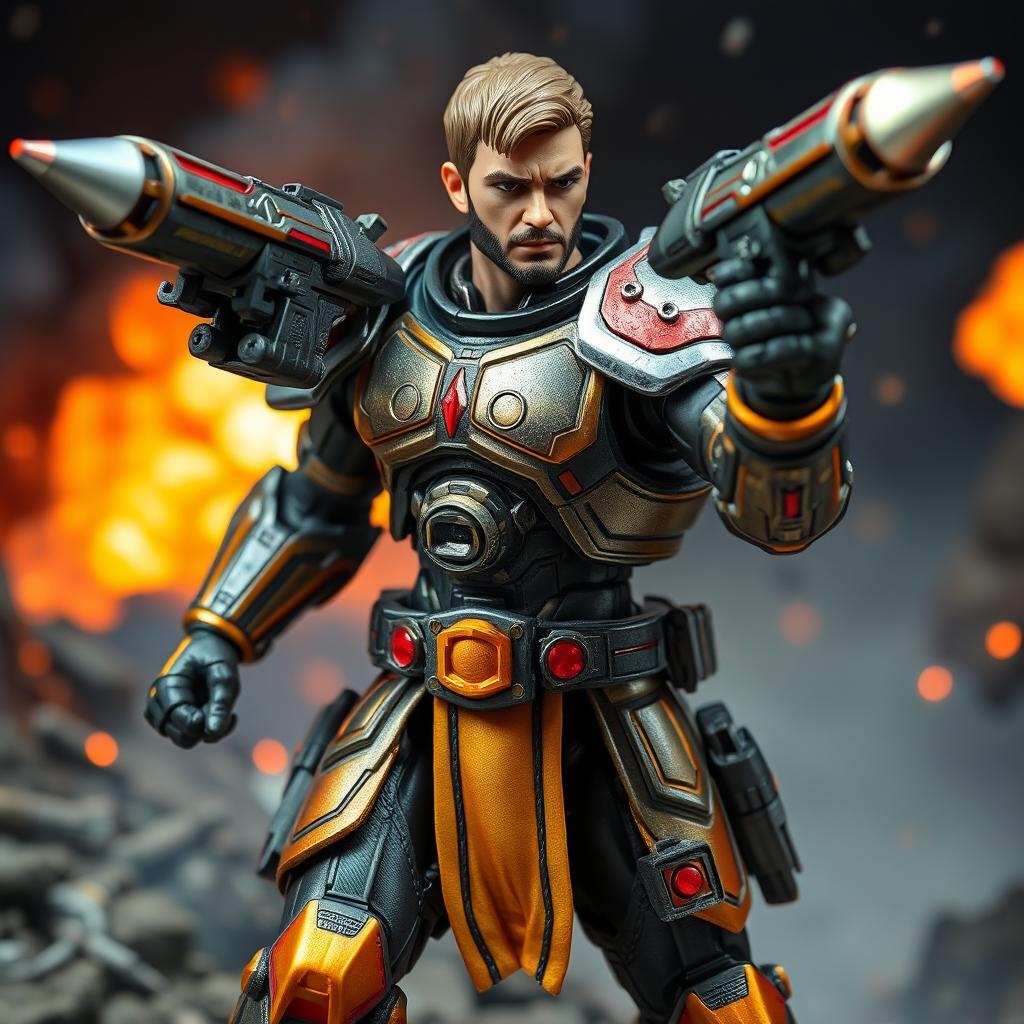A highly detailed action figure depicting a futuristic warrior equipped with dual rocket launchers