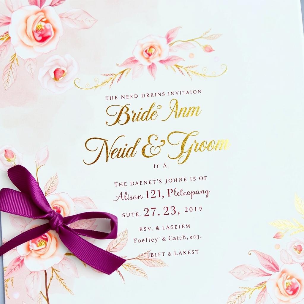 A beautifully designed wedding invitation featuring elegant floral motifs and soft pastel colors