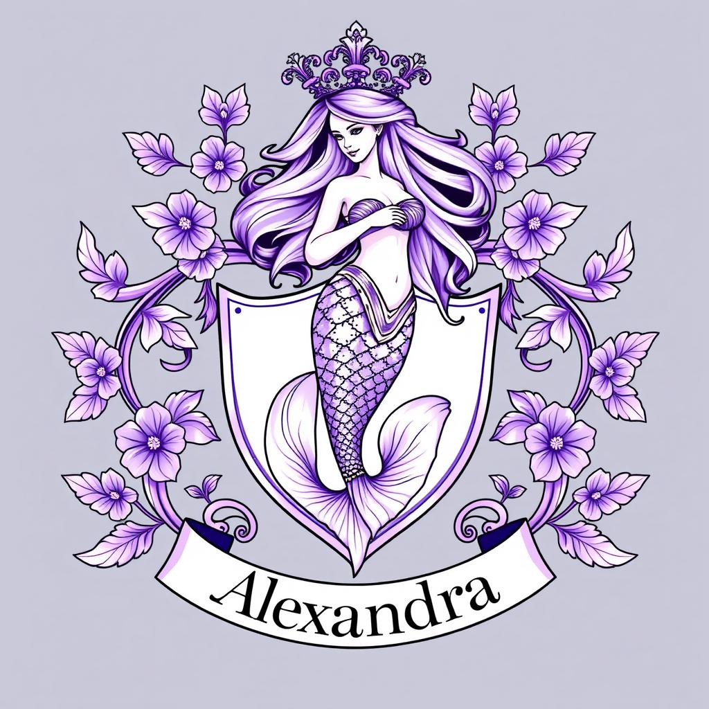 A beautifully designed family crest featuring a graceful mermaid to symbolize elegance and beauty, representing a woman named Alexandra