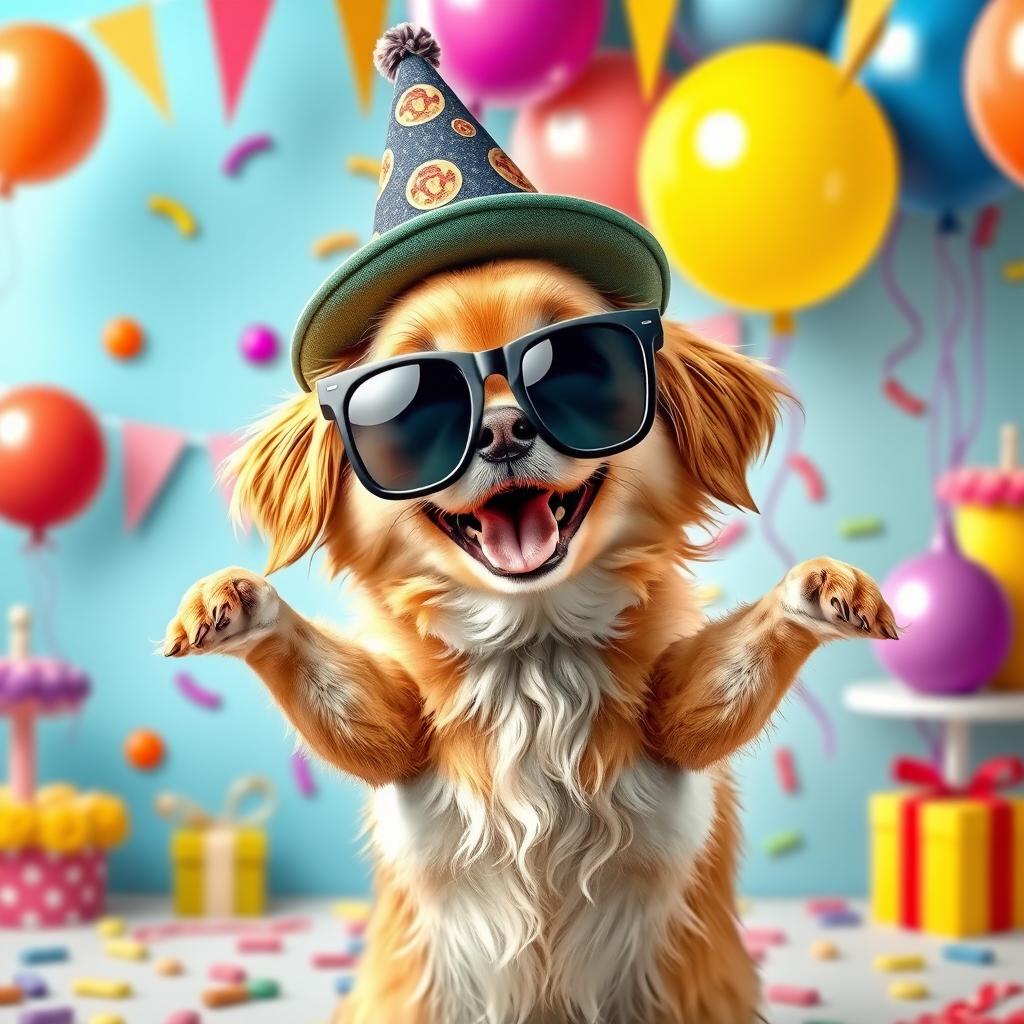 A humorous scene featuring a dog with a comically oversized head of a fantastical character
