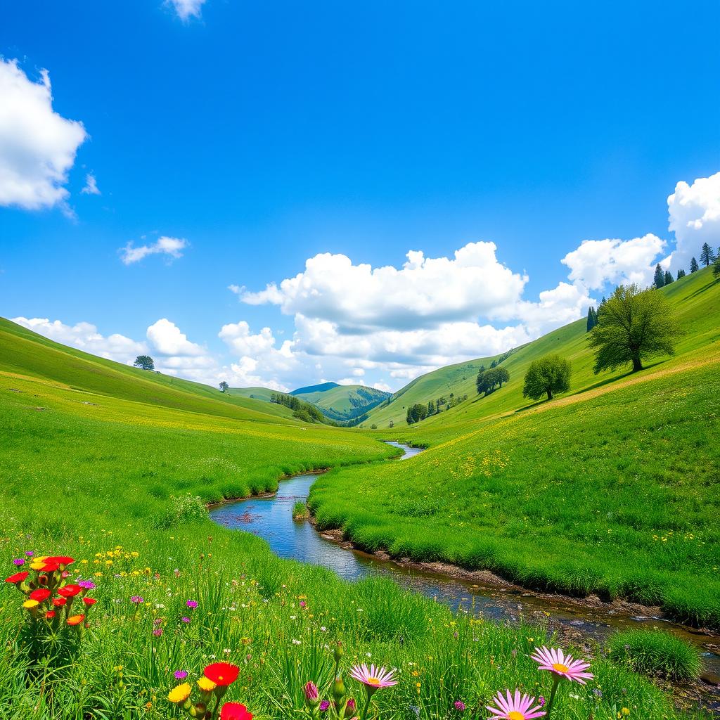 A serene landscape featuring a lush green meadow beneath a clear blue sky, with fluffy white clouds gently floating by