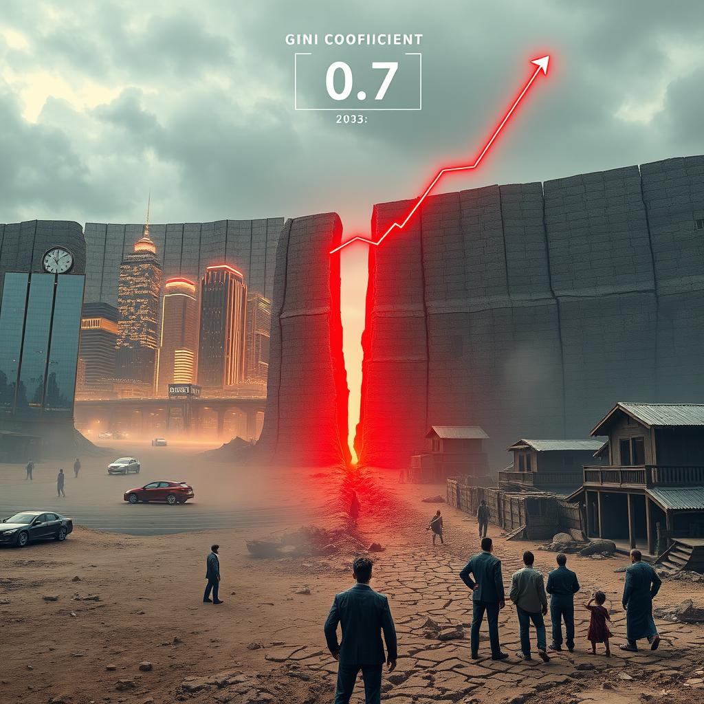 A massive, towering wall separates a gray, dusty wasteland into two contrasting worlds