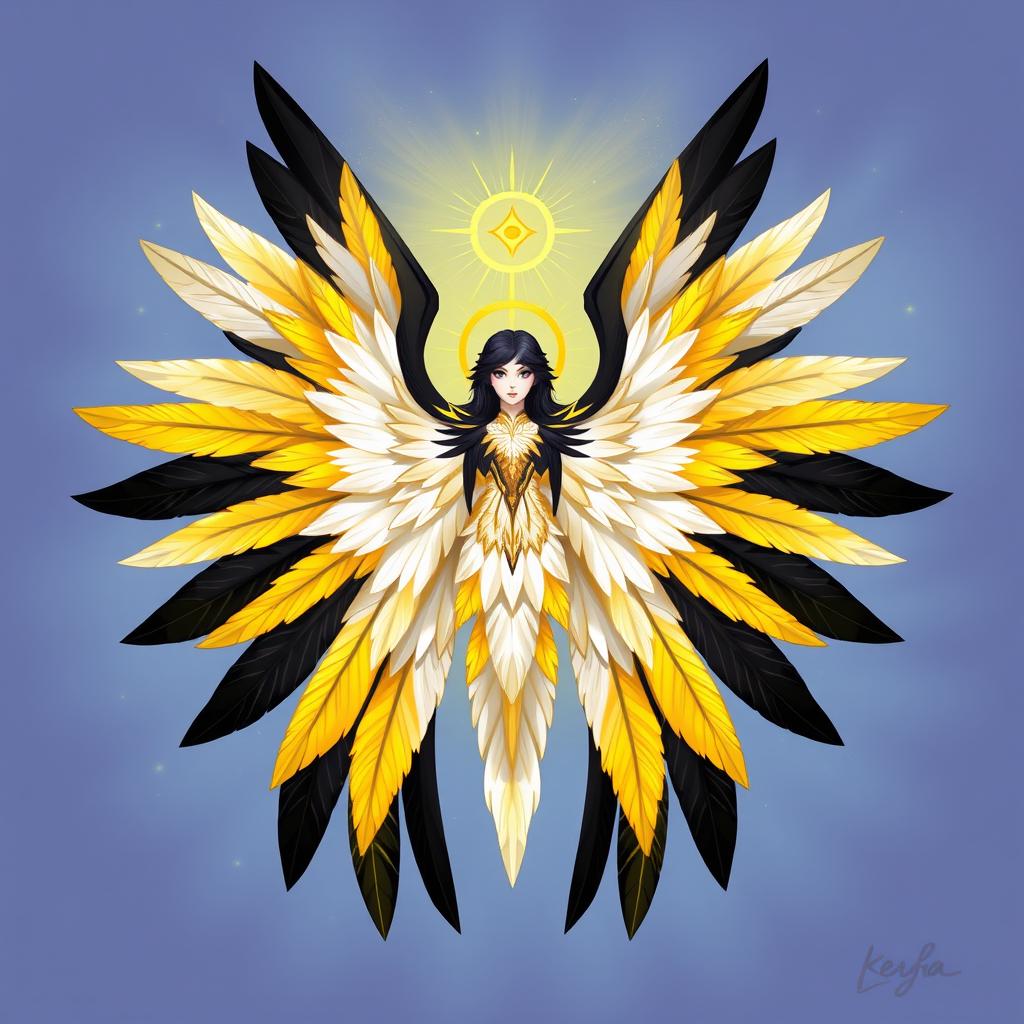 A 2D simple drawing of a vividly accurate seraphim, featuring a radiant figure with six magnificent wings, set against a celestial background
