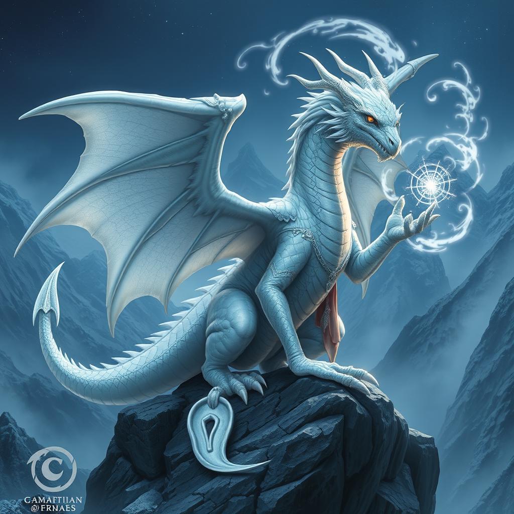 A majestic white or silver dragon sorcerer, adorned with intricate robes that shimmer in silver and white hues