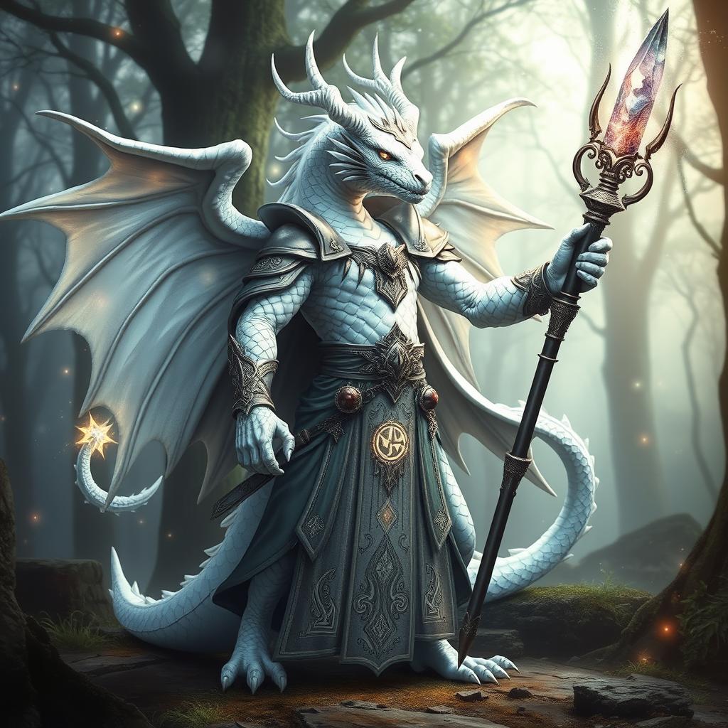 A formidable white or silver dragonborn sorcerer, standing confidently in a heroic pose