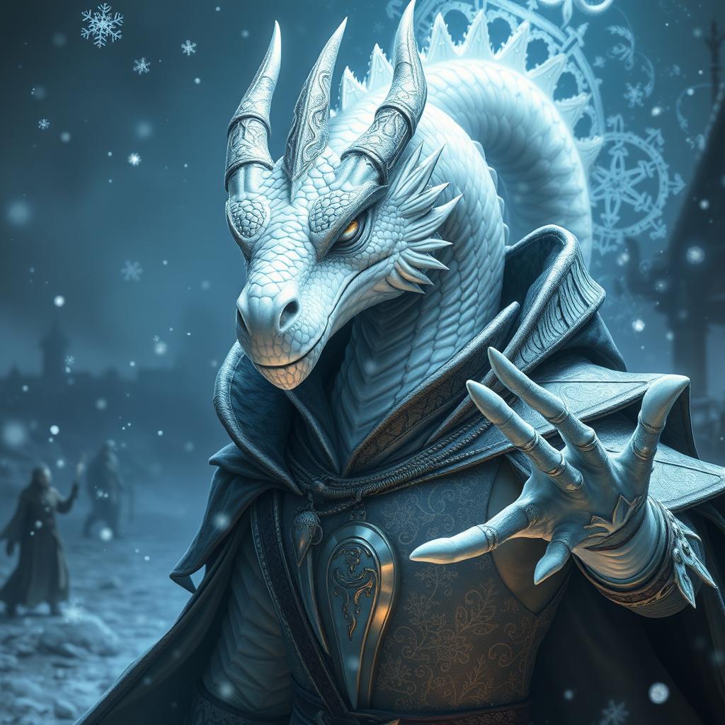 A striking portrait of a white dragonborn sorcerer, showcasing shimmering scales that reflect hues of silver and ice blue