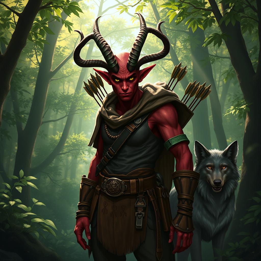 An adventurous tiefling ranger stands poised in a lush, enchanted forest