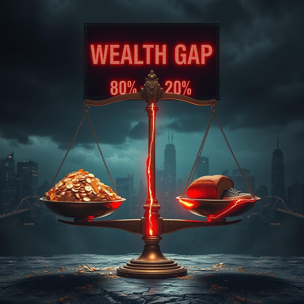 A giant balance scale, symbolizing justice, stands in a dark, stormy void