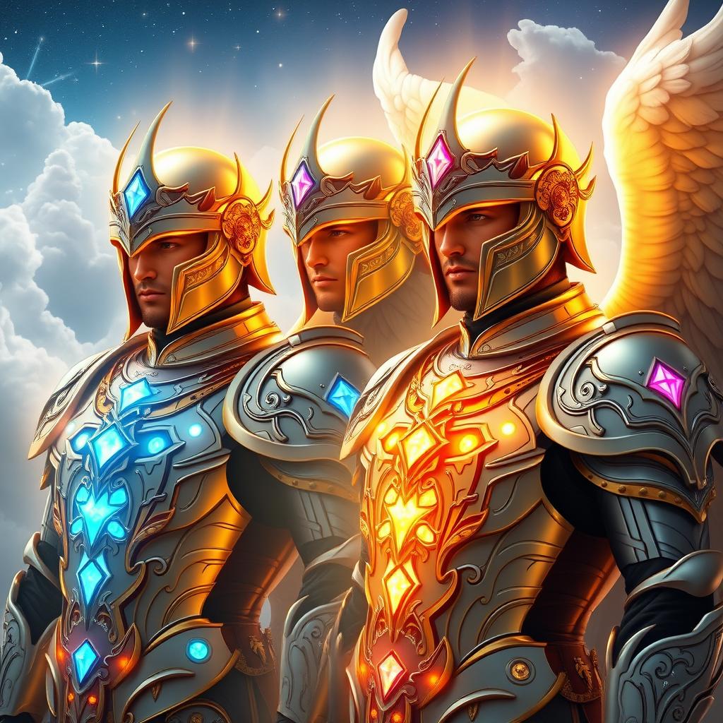 Infinite guardian angel men clad in legendary armors, each wearing glowing helmets that radiate an ethereal light