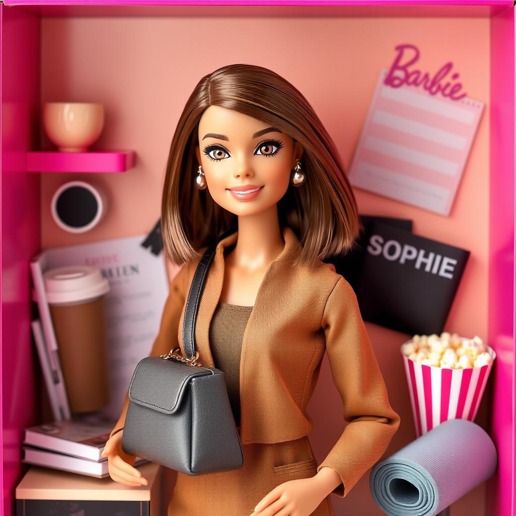 A Barbie doll representation of a young woman named Sophie with shoulder-length brown hair and hazel eyes