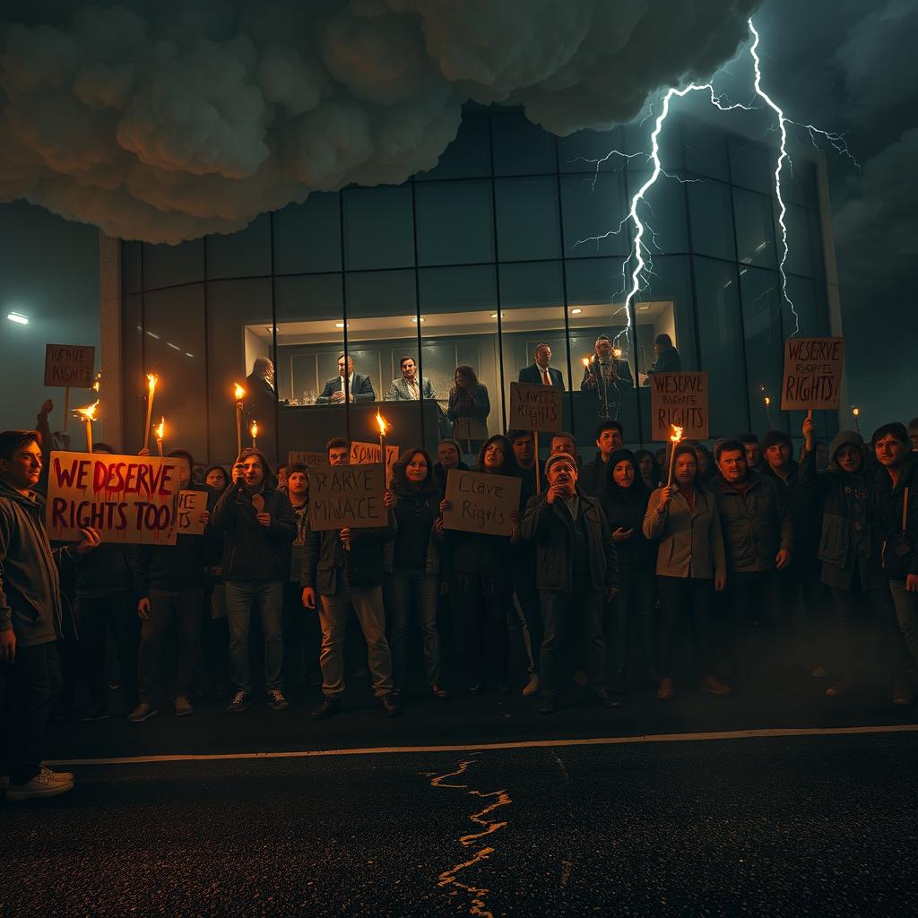 A cinematic protest scene at night featuring a crowd of enraged working-class people dressed in tattered clothing