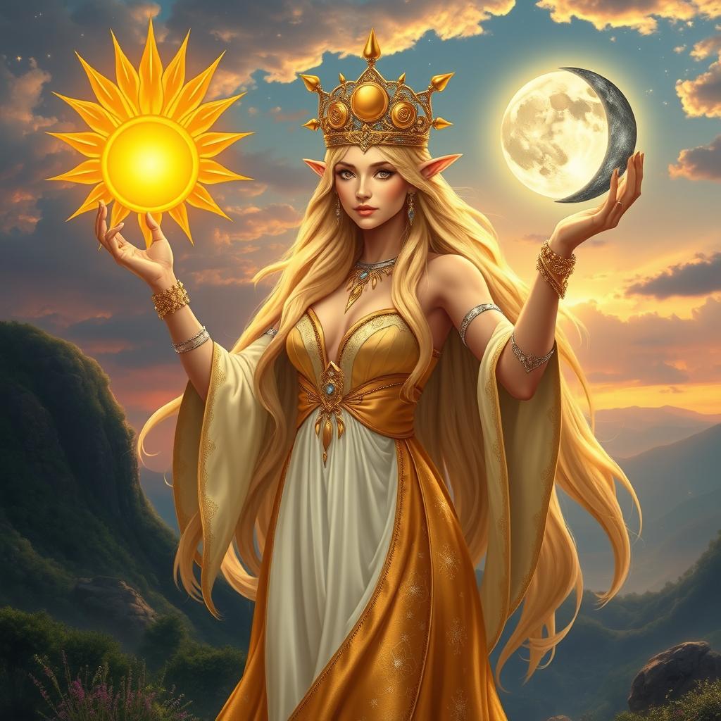 A majestic female sun elf standing gracefully, holding a radiant sun high in one hand and a serene moon in the other
