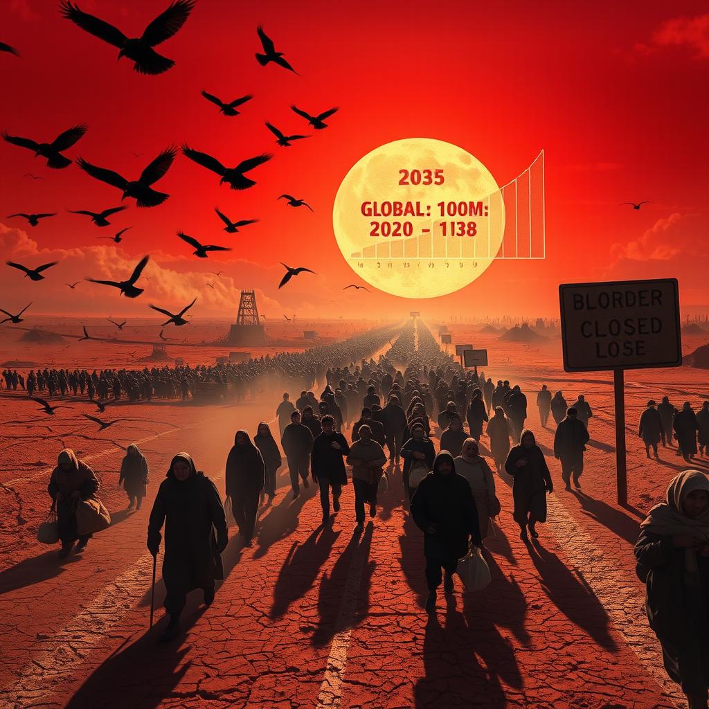A dystopian exodus scene depicting an infinite line of displaced people marching along a cracked desert highway under a blood-red sun