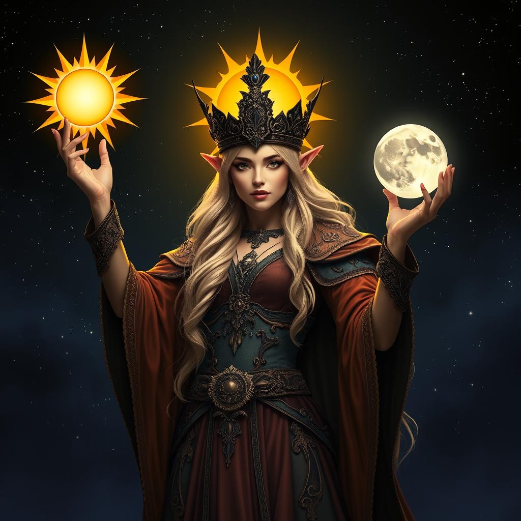 A regal female sun elf standing proudly, holding a brilliant sun aloft in one hand and a luminous moon in the other