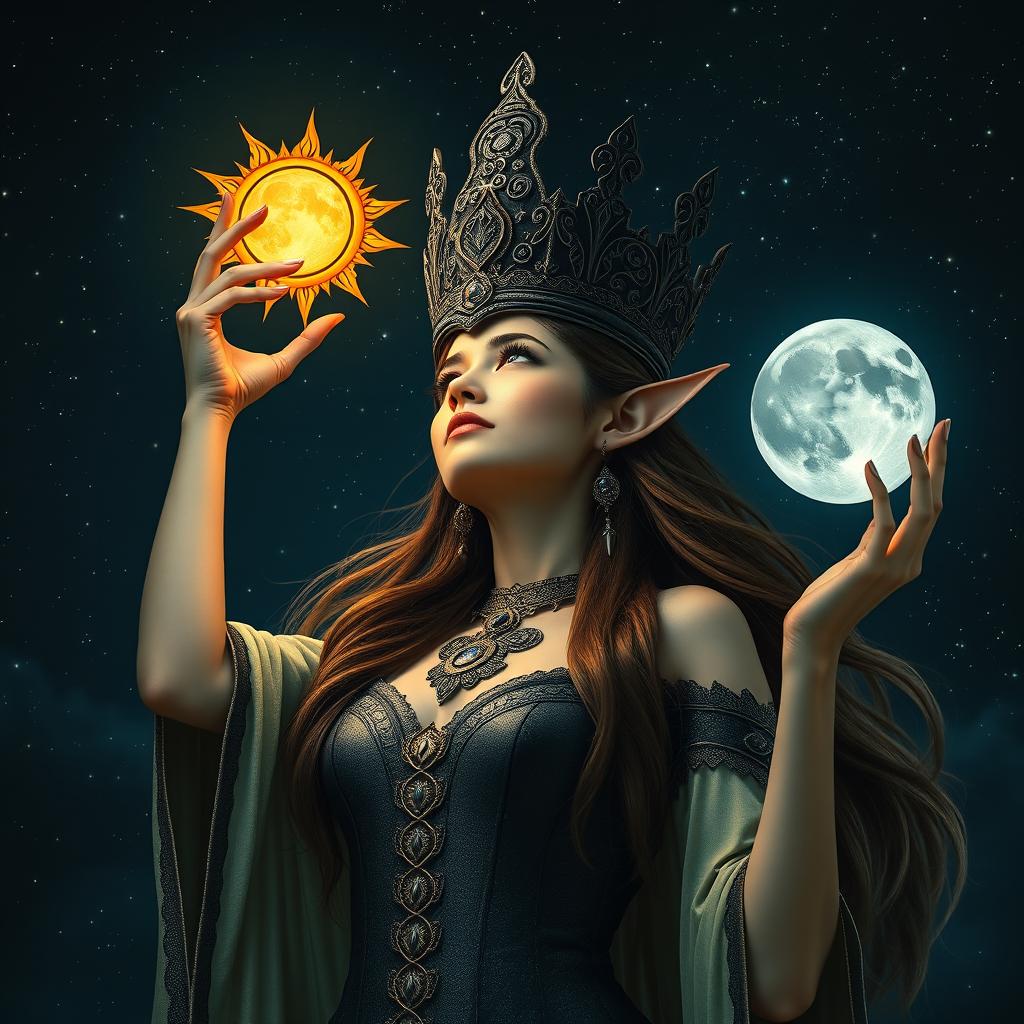 A striking female sun elf looking upwards, holding a luminous sun high in one hand and a glowing moon in the other