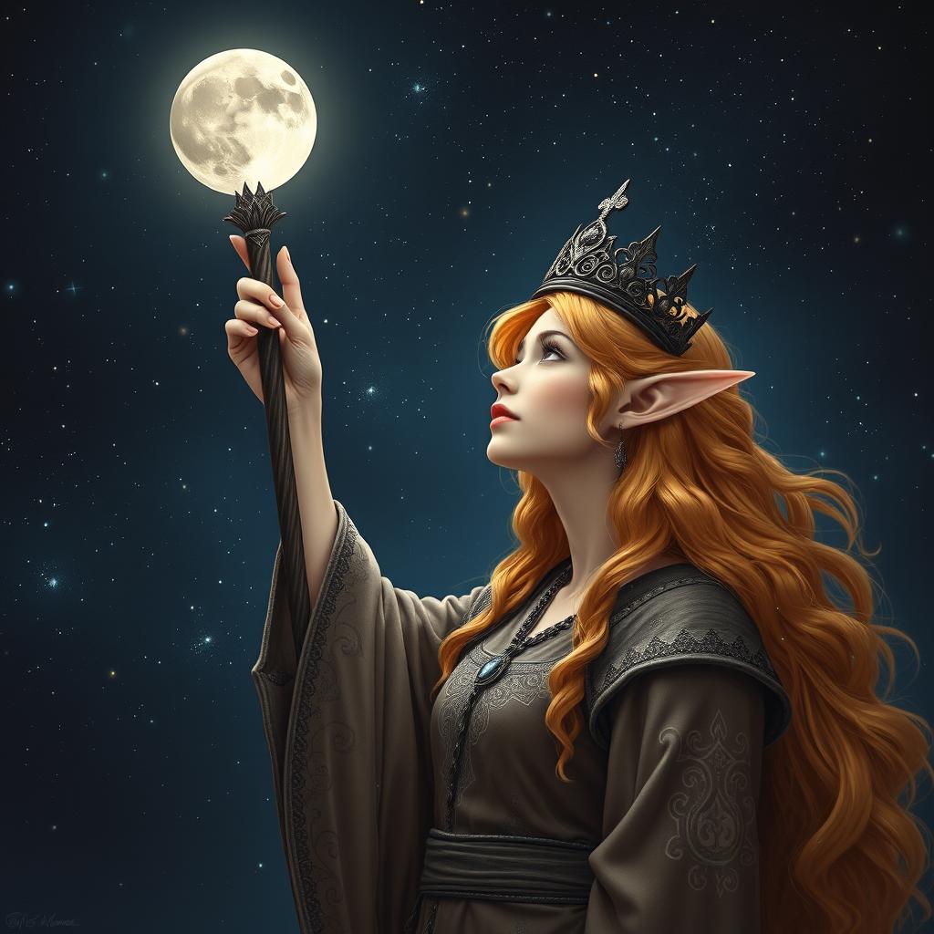 A female sun elf, her amber hair shimmering with small stars, holds a magical moon stick high in the air with one hand