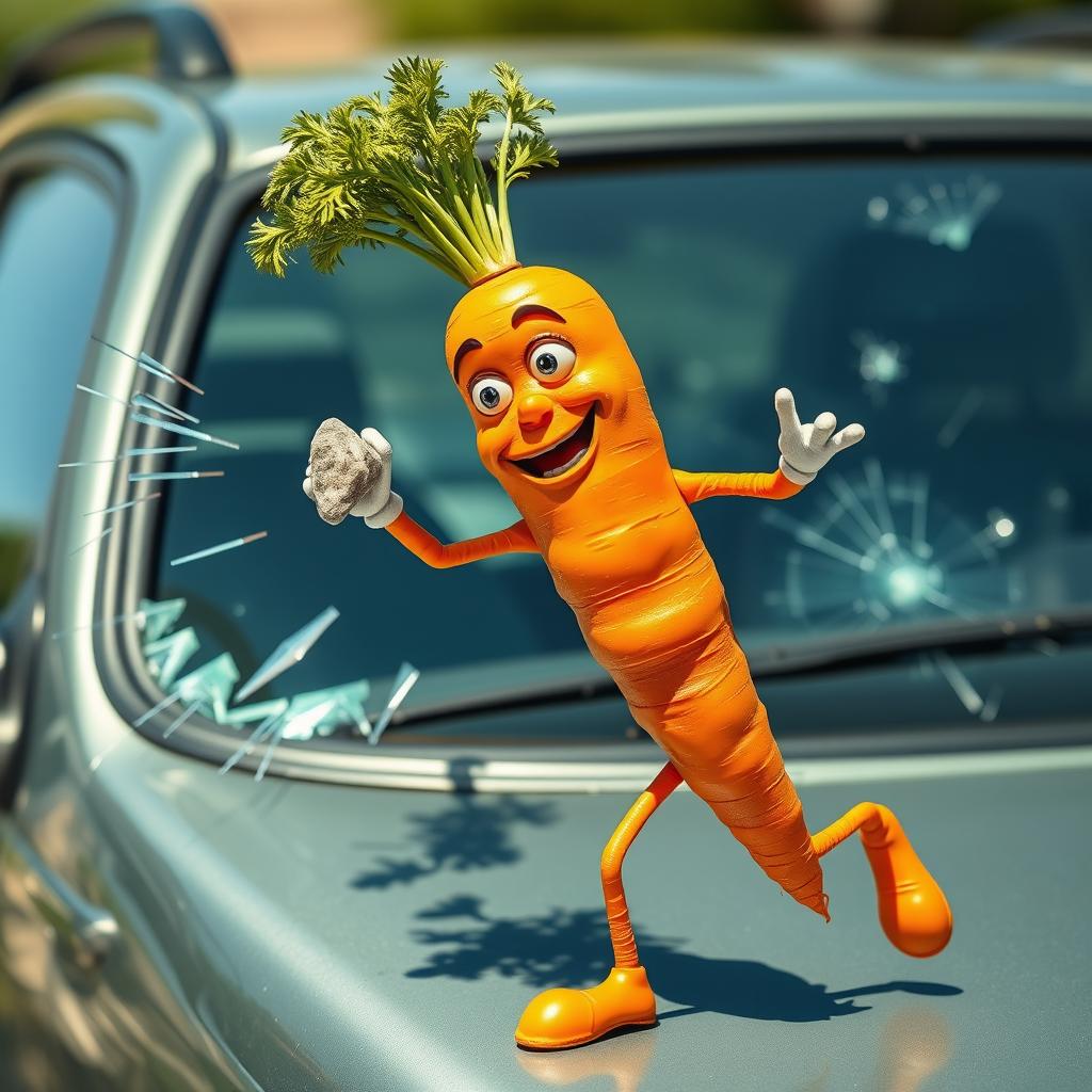 A humorous and surreal image of a realistic carrot character with arms and legs, in the act of breaking a car window
