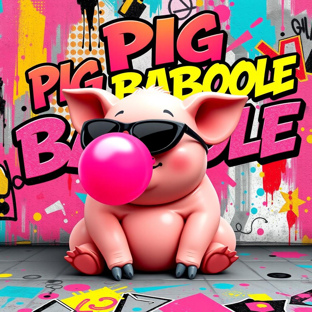 A cute cartoon pig sitting down, wearing glossy black sunglasses and blowing a large pink bubblegum balloon